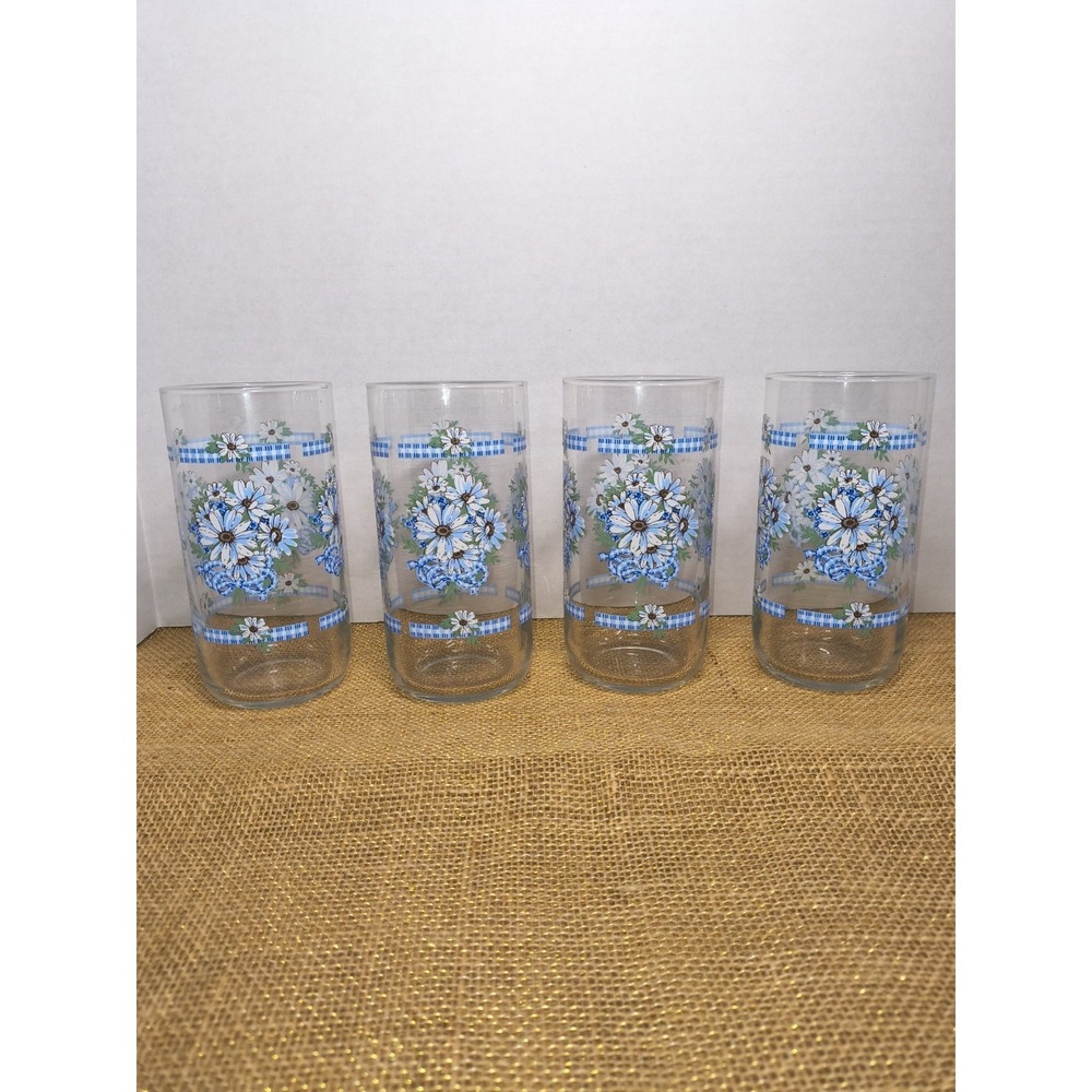 Vintage Rare Libbey Blue Daisy Gingham Drinking Glasses Tumblers Iced Tea Glass
